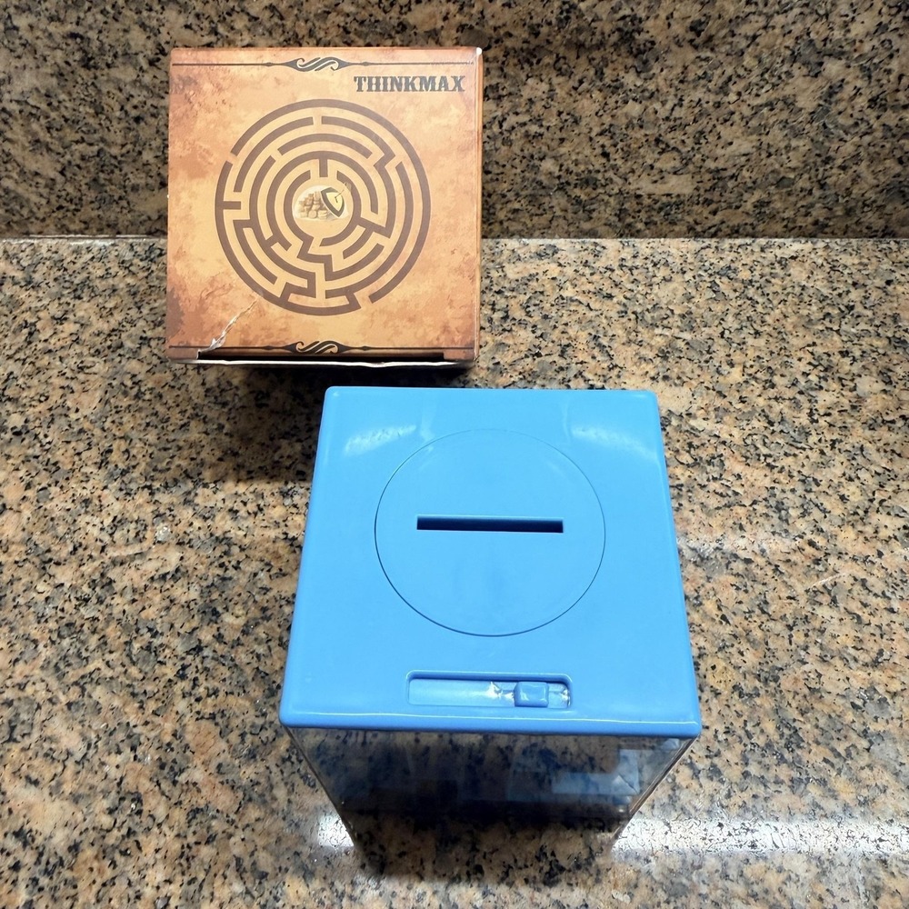 Thinkmax Money Maze Cube Puzzle Bank Blue Plastic Coin Cash Toy Game Box